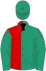 Emerald green and red (halved), emerald green sleeves and cap