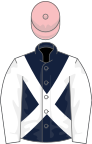 Dark blue, white cross-belts, white sleeves, pink cap
