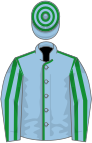Light blue, green seams, striped sleeves, hooped cap