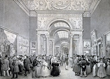 The Brussels Salon of 1830 in the palace's new Grand Gallery, rendered by Jean-Baptiste Madou