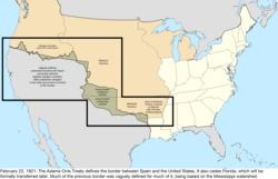 Map of the change to the United States in central North America on February 22, 1821