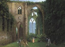 Figures in nineteenth century dress wander around the ruined abbey's overgrown, roofless walls, and through a tall pointed archway