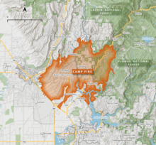 The footprint of the Camp Fire, which burned from the Feather River Canyon to the floor of the Central Valley and Highway 99