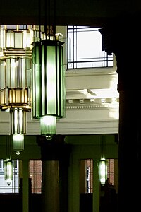 Angular chandeliers by Lanchester & Lodge (c. 1929–1936), Brotherton Library, University of Leeds, West Yorkshire, UK[149]