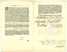 Aktie der Ahlingsåhs Manufactur-Societet vom 31. Dezember 1728, ausgestellt auf den Gründer Jonas Alström (1751 unter dem Namen Alströmer in den Adelstand erhoben). Das Zertifikat ist die älteste bekannte schwedische Aktie. (Ansicht: Erste und zweite Seite des Doppelblattes)