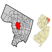 Location of Paramus in Bergen County highlighted in red (left). Inset map: Location of Bergen County in New Jersey highlighted in orange (right). Interactive map of Paramus, New Jersey