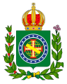 Imperial Coat of arms, design of the first reign (note the crimson velvet within the Crown), kept in usage in the early second reign, until the Coronation of Emperor Pedro II (when the design of the Crown was modified, to reflect the shape of the new Crown, and its dark green velvet cap (1 December 1822 – 18 July 1840)