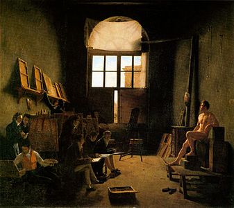 Léon Matthieu Cochereau, Studio of Jacques-Louis David, oil on canvas. 90 x 105 cm. Louvre, Paris, France