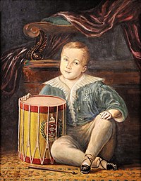 Painting of a young child who is sitting on the floor and leaning against a military-style drum
