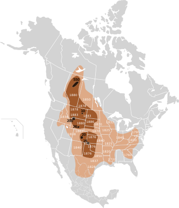 Map of the extermination of the bison to 1889. This map based on William Temple Hornaday's late-19th century research.   Original range   Range as of 1870   Range as of 1889
