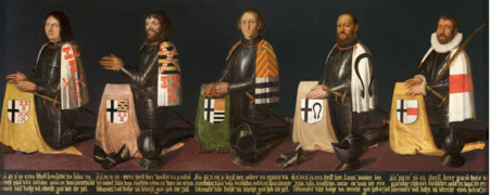 Five land commanders of the Bailiwick of Utrecht, Jacob Taets van Amerongen at far right (ca. 1576-80)