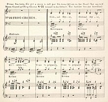 Sheet music with lyrics, labelled "No. 22 Frog Chorus". Text at the top of the image reads ""Prime See her, I'ze got a story to tell yer Sit down (All sit on the floor) Yer see how Massa Cunnel an'(Frog Chorus No22 is heard in the distance. The darkies become terrified)".