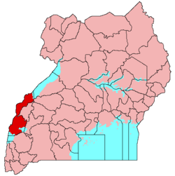 Location of Rwenzururu (red) in Uganda (pink)
