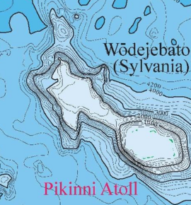 A bathymetric map of Wōdejebato; it lies northwest of Pikinni and has a star-like shape