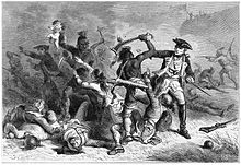 Montcalm is depicted wearing a uniform and three-cornered hat and faces an Indian who has raised a tomahawk over his head, as if to strike at Montcalm, while he steps over a wounded soldier. Bodies lie about, and an Indian is seen holding a white baby away from a woman who is trying to reach for it.