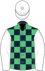Dark blue and emerald green check, white sleeves and cap