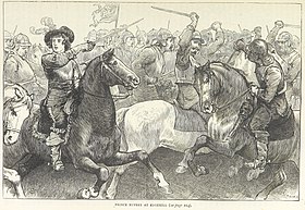 A drawing of a fight between two groups of cavalry. Prince Rupert is on the left side of the image pointing his sword.