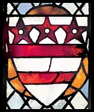 The Washington family coat of arms in 14th-century stained glass at Selby Abbey, North Yorkshire, England