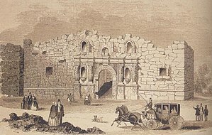 The crumbling facade of a stone building is missing its roof and part of its second floor. A pile of stone rubble sits in the courtyard. In front of the building are a horse-drawn carriage and several people in 1850s-style clothing: women in long dresses with full skirts and men in fancy suits with top hats.