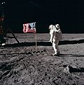 Image 18Astronaut Buzz Aldrin saluting the flag of the United States, part of the Lunar Flag Assembly, during Apollo 11. The Lunar Flag Assembly was designed to survive a Moon landing and to appear to "wave" as it would in a breeze on Earth. This flag fell over when the Lunar Module Eagle took off.