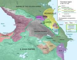 Map of fragmented Kingdom of Georgia in 1311, with the Western Kingdom of Georgia in purple, and the Eastern Kingdom of Georgia in grey