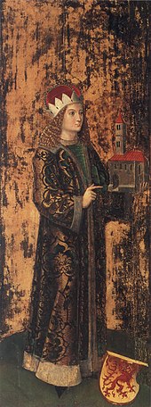 A painting of a long-haired young man holding a church's design in his hand.