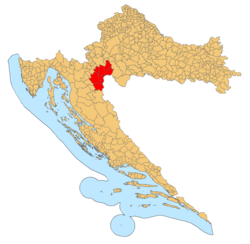 Kordun on a map of Croatia colored in red. Mainly located in the east of modern-day Karlovac County)