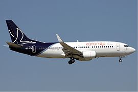 A Korongo Airlines Boeing 737-300. By the time the photo was taken (2011), this aircraft was still operated by Brussels Airlines.
