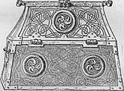 Drawing of a long side view of the Copenhagen shrine, with large interlace designs