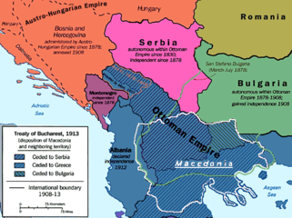 Disposition of territories occupied during Balkan Wars according to Treaty of Bucharest (1913).
