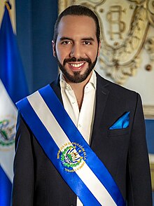 A vertical upper-body portrait of Nayib Bukele smiling, facing the camera, and wearing a business suit and the presidential sash of El Salvador