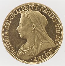A gold coin with a profile view of an older Queen Victoria, facing left