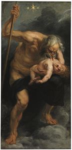 The myth of the titan Cronus eating his children was the subject of works by Rubens (shown here) and Francisco de Goya.[76]