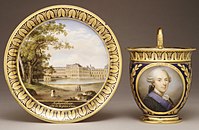 Sèvres cup with portrait of Louis XVIII's father,[14] saucer with the Palace of Fontainebleau, 1822–23