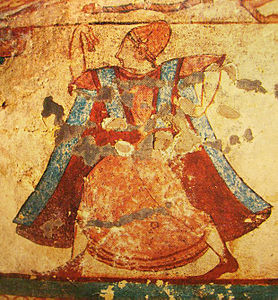 Fresco of the motionless Dancer with large steps carrying the chiton. Tomb of the Lionesses in the Monterozzi necropolis.