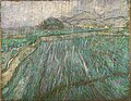 Image 20 Rain Painting credit: Vincent van Gogh Rain is an oil-on-canvas painting by Dutch painter Vincent van Gogh, part of The Wheat Field, a series that he executed in 1889 while a voluntary patient in the Saint-Paul asylum near Saint-Rémy-de-Provence, France. Through his cell window on the upper floor, he could see an enclosed wheat field, and he made about a dozen paintings of it over the changing seasons. In this work, he represented falling rain with diagonal lines of paint. The style is reminiscent of Japanese prints, but the effect is stylistically personal to Van Gogh. Seen through his rain-splattered window, he shows its bleak aspect in November, with grey clouds overhead and the wheat already harvested. The painting is now in the collection of the Philadelphia Museum of Art.