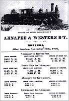 Ahnapee and Western Time Table, 1892