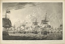 An aquatint etching depicting the Battle of Camperdown, with Beaulieu's bow on the far right of the image