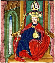Chronica Hungarorum, Thuróczy chronicle, King Coloman of Hungary, throne, crown, orb, scepter, medieval, Hungarian chronicle, book, illustration, history