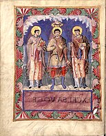 Charlemagne, flanked by two popes, is crowned, manuscript of c. 870.
