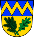 Stadt Unterschleißheim Geteilt von Blau und Gold; oben ein goldener Zickzackbalken, unten schräg gekreuzt ein grüner Fichtenzweig und ein grünes Eichenblatt.