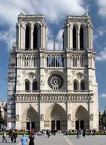 Notre Dame de Paris, has a Gothic west front in which verticals and horizontals are balanced.