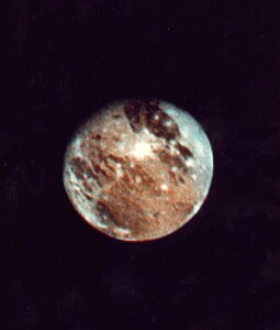 Voyager 2's image of Ganymede taken from a distance of 6,000,000 km (3,800,000 miles) on July 2 1979 during its flyby of Jupiter.[134]