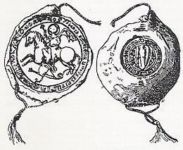 Sketch of a medieval seal, with Saint George slaying the dragon in the obverse, and a shield on the reverse