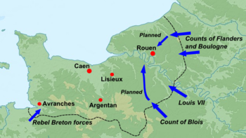 Political map showing military events in Normany in France.
