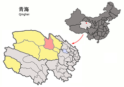 Location of Delingha City (red) within Haixi Prefecture (yellow) and Qinghai