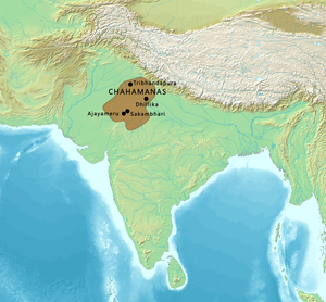 Approximate territory of the Chahamanas of Shakambhari circa 1150–1192 CE.[1]