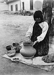 Maria Martinez, 1912, making pottery in the plaza of the Palace of the Governor's, Santa Fe, New Mexico