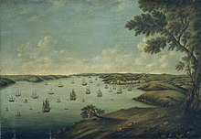 Engraving of a coastal river inlet with dozens of tall ships dotted around