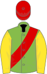 Light green, red sash, yellow sleeves, red cap
